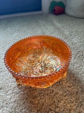 Orange Carnival Glass Rose Dish - Decorative Home Dining Bowl